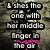 A pixelated image of a person in a black top and pink skirt with text overlays, showing two states of text and a static lower section.