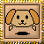 Pixelated dog head with brown ears and beige face, black eyes and nose, in a brown frame with yellow border.