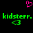 A static pixel art image with a black background, featuring a pink heart symbol above green text reading 'kidsterr. kidsterr.' and two green '<3' symbols below.