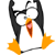 Pixelated penguin with black wings, white body, orange beak and feet, standing upright on a plain background.