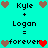 Pixel art displays 'Kyle + Logan = forever' with brown and red heart symbols on cyan background, two identical static frames side-by-side.