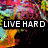 Pixelated abstract background with vibrant pink, orange, and teal colors overlaid by black text banners reading "LIVE HARD DIE PRETTY" and "2008 <3".
