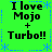 Green background with blue dashed borders and star patterns, displaying repeated text "I love Mojo + Turbo!!" in black pixelated font.