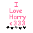 Pixelated pink text reads "I Love Harry <333" above five small symbols on a white background.