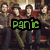 Group of people seated together with green text 'panic' overlaid on top, transitioning to a cropped version showing fewer individuals.
