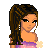 Pixel art contact sheet showing a female character in purple dress with multiple views and text elements arranged in 3x3 grid.