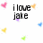 Pixelated text reads "i love jake," "i love alicia," and "i love kerry" with floating multicolored hearts on white background.