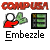 Red 'COMP URM' text above a pixelated figure with white head, red body, green leaf-like shapes, and a green-and-black grid panel, all on gray background with 'Embezzle' text below.