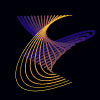 A series of colorful, abstract line patterns forming swirling shapes against a black background with one gray