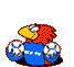 A red bird with yellow beak and white eyes wears a blue shirt with 'MCF 49' text, holding and balancing soccer balls in various poses against gray background.