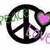 A static image with four distinct sections: a black peace symbol, colorful hearts and text, a heart made of small icons, and a gray square.