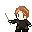Pixel art character with light brown hair and dark brown robe holding a light green staff, shown in six sequential poses against gray background.