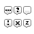 Six white speech bubble icons with gray borders arranged in two rows on a light gray background, each containing distinct black symbols.