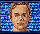 Animated sequence showing a human face transforming into a tiger head against blue pixelated background.