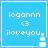 Blue square icon with white text 'logann', '<3', and 'iloveyou' in pixelated font, featuring a small animated bottle-like object at the bottom right.