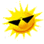 Yellow sun-shaped icon with black sunglasses, orange gradient face, and yellow rays on gray background.