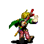 Pixelated character with blonde hair, red horns, green cape, and pink pants in two poses against gray background.