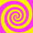 Four yellow and pink spiral patterns arranged in a symmetrical on a solid pink background