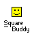 Yellow square face with black eyes and smile inside black border, below text "Square Buddy" on gray background