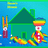 Pixelated static image shows a green house with triangular roof, two figures in colorful clothing against blue background.