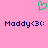 Green pixelated heart symbol above two identical dark blue text strings reading 'Maddy<3<' on a solid pink background.