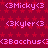 Pixelated text icons display names 'Micky', 'Kyler', and 'Bacchus' in pink on a red star-patterned background with no visible animation changes.