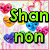 Pixelated image with green text 'Shan non' over colorful hearts, cyan 'is', and a silver crown with pink gem on black background.