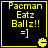Yellow pixelated text and symbols on black background with Pac-Man icon in bottom-right corner of each