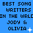 Blue background with repeated black text reading 'BEST SONG WRITERS IN THE WRLD JODY & OLIVIA' and white pixelated symbols changing across three