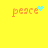 Four orange 'peace' text icons on yellow background with blue pixel effects: heart, sparkles, and scattered dots.