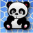 Pixelated panda with black and white fur, pink inner ears and feet, sitting against blue background with text '500000 cute' on right