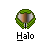 Pixelated circular icon with green border and central vertical stripes in brown, gray, and white, below which is the text "Halo" in bold black letters.