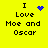 Yellow background with black text reading "I Love Moe and Oscar" and four distinct blue pixelated symbols above the word "Love" in different positions across frames.