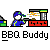 Pixel art animation of a character grilling food at a BBQ stand with flame effects, displayed as a 2x2 contact sheet of four sequential frames.