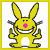 Pixelated yellow bunny with large ears, pink nose, and wide grin stands against white background within yellow border.