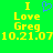 Green background with yellow text reading "I Love Greg 10.21.07" and a blue pixelated heart symbol above the word "Love", repeated twice side-by-side.
