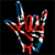 A pixelated hand gesture with red, white, and blue colors against a black background, forming a 'rock on' symbol with the index and pinky fingers extended.