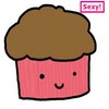 A cartoon-style muffin with a pink wrapper and brown top, featuring a smiling face with two black dot eyes and a curved mouth, set against a white background with a pink 'S' logo in the top-right corner.