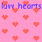 Pixelated pink background with repeating red heart shapes and blue text reading 'luvv hearts' in two horizontal bands.