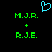 A static digital image displays two identical green text pairs 'M.J.R. + R.J.E.' on a black background with a cyan heart symbol above the left pair.