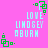 Pixelated icon with bright pink background, light blue text reading 'LOVE LINDSEY ABURH', and green square-and-dot corner elements.