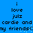 Blue background with black pixelated text reading 'i love julz cardie and cardie and my friends' in two identical vertical