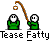 Pixel art animation of two green-clad figures with white faces holding a fishing rod, displaying text variations below.