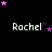 Black background with repeated 'Rachel' text and scattered purple/pink stars in a pattern