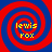 Four identical spiral patterns with red and blue concentric rings, each containing yellow text reading 'lewis fox' in pixelated font.