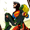 Superman holds a green-skinned figure with yellow hair in a side profile pose across four