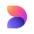 A pixelated abstract shape with a smooth gradient transitioning from orange to pink to purple to blue, forming a curved, incomplete circular form against a white background.