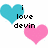 Pixelated icon with two hearts and text reading 'i love devin' on a white background.