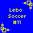 Blue background with yellow pixelated text and geometric shapes repeating in a pattern