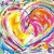Four heart-shaped icons with swirling rainbow patterns, each containing distinct text elements: a vertical bar, 'love', and 'cheer' in bold white letters on black backgrounds.